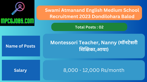 Swami Atmanand English Medium School Recruitment 2023 Dondilohara Balod